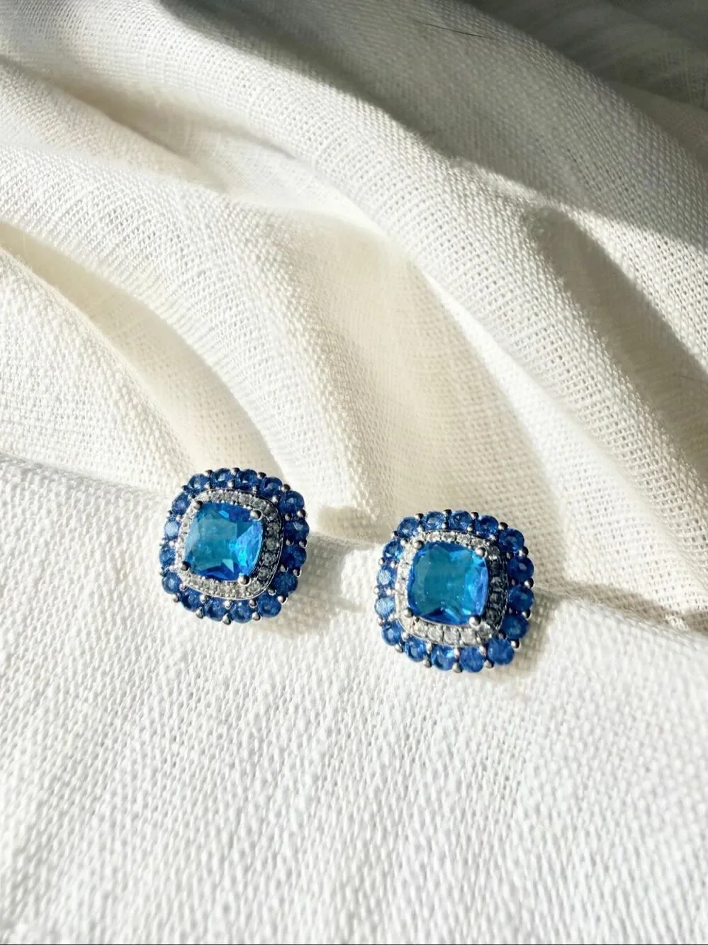 Sapphire Blue Cubic Zirconia Cushion Halo Stud Earrings Silver Tone